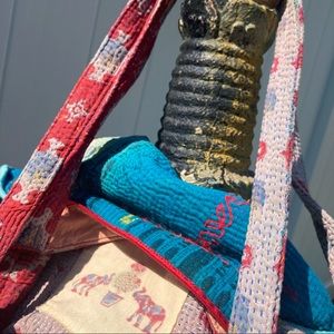 One Kings Lane OOAK boho batik red aqua blue embroidered fabric shoulder bag